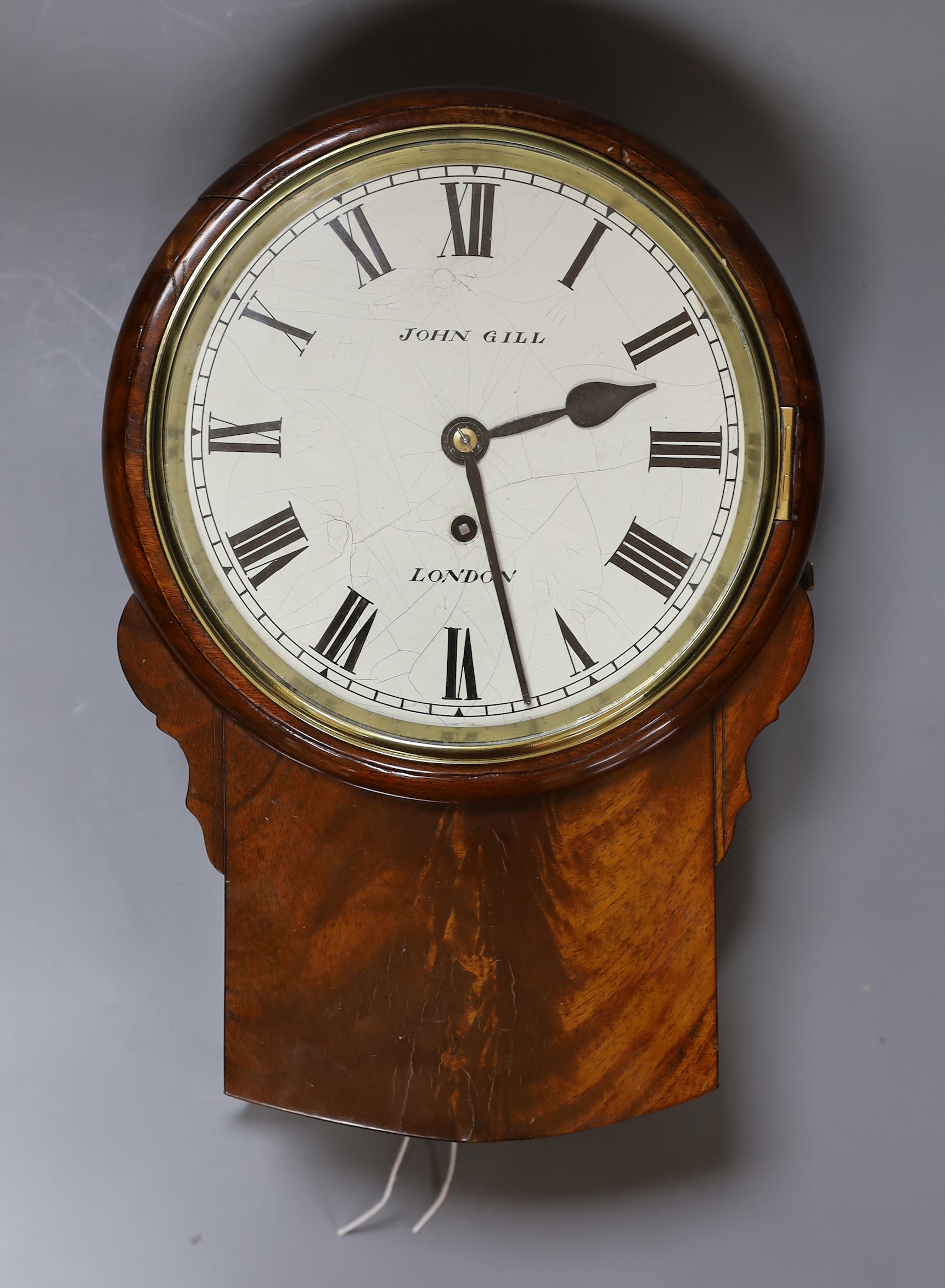 A small Victorian mahogany single fusee wall dial marked John Gill London with pendulum, dial 18.5cm diameter, case height 37cm.